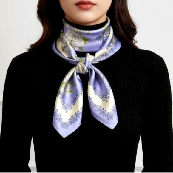 ⭐Luxurious Silky Elegant Bandana Square Scarf PURPLE GREEN Floral Soft Versatile - Picture 1 of 8
